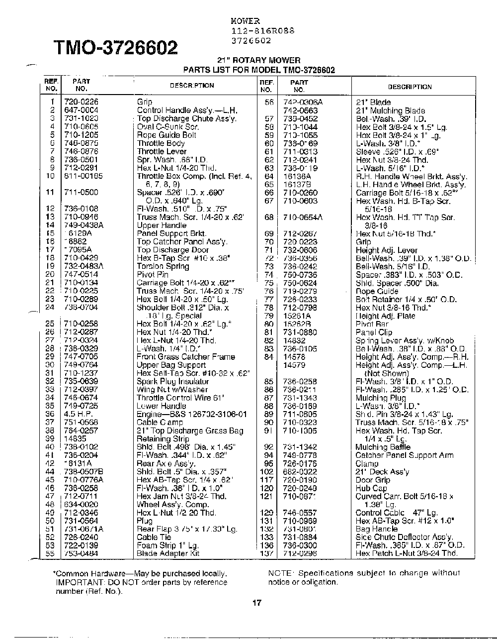 21" rotary mower page 2 Diagram and Parts List for 112-816R000  MTD Lawn Mower