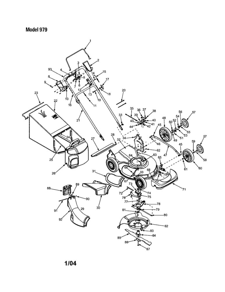 Housing/Handle/Bag/Wheels Diagram and Parts List for 979  MTD Lawn Mower