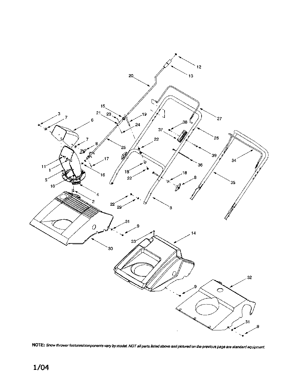 Handle/shroud/chute Diagram and Parts List for E162  MTD Snow Blower
