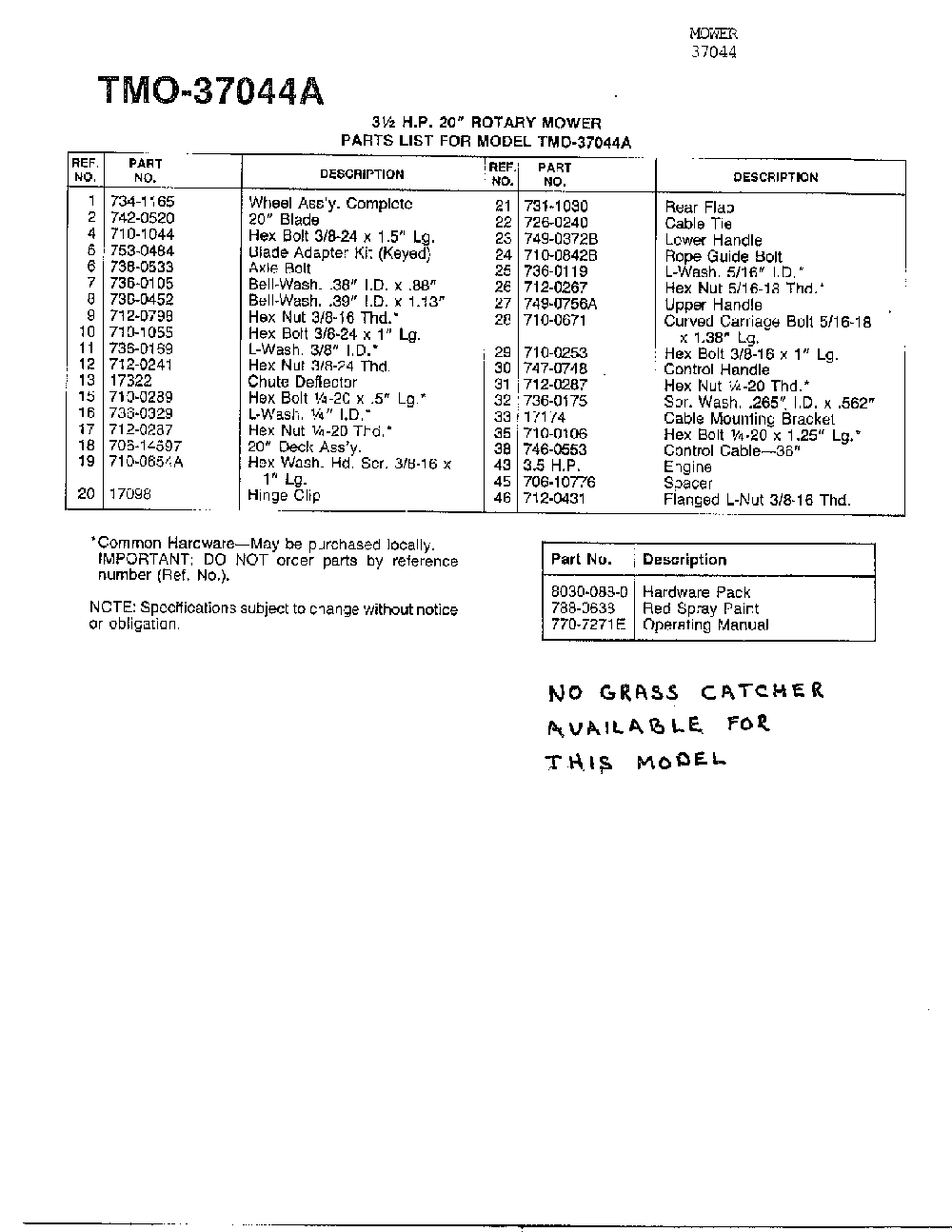 3.5hp 20" rotary mower page 2 Diagram and Parts List for 37044A  MTD Lawn Mower