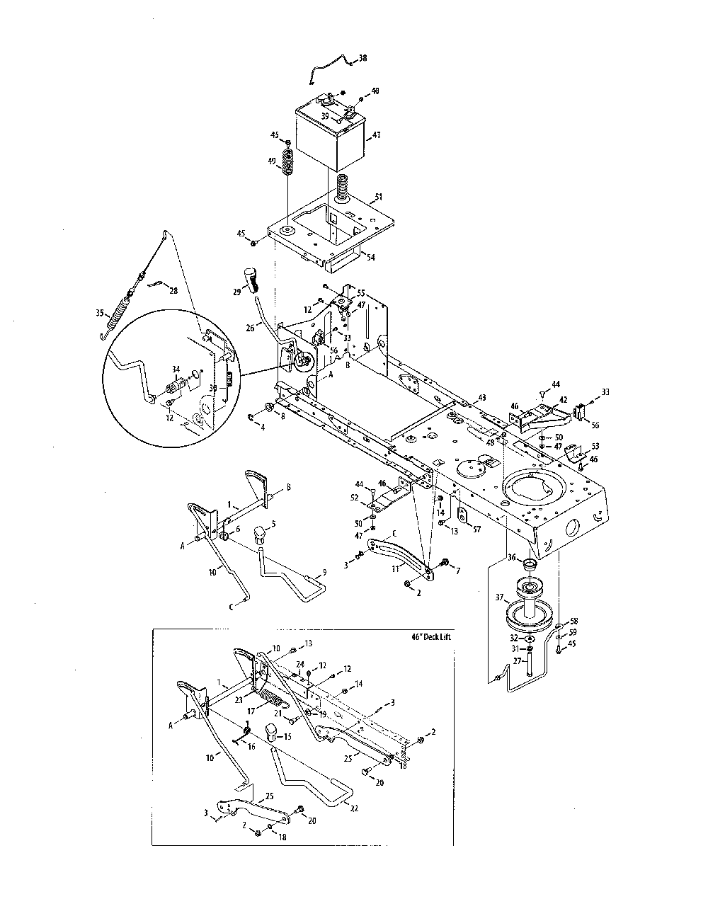 Frame/battery Diagram and Parts List for 13AX795G031  MTD Lawn Tractor