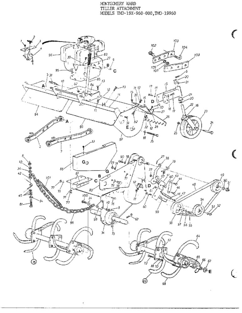 Tiller Attachment 1 Diagram and Parts List for 19960  MTD Tiller