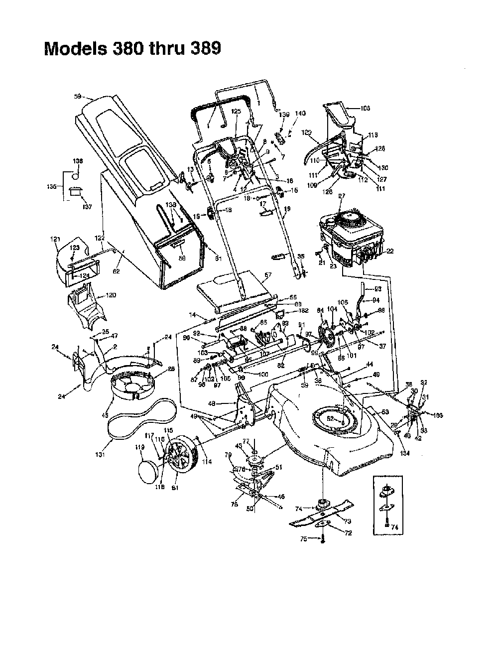 Deck/bag/wheels(models 380 thru 389) Diagram and Parts List for 12A-377B062  MTD Lawn Mower