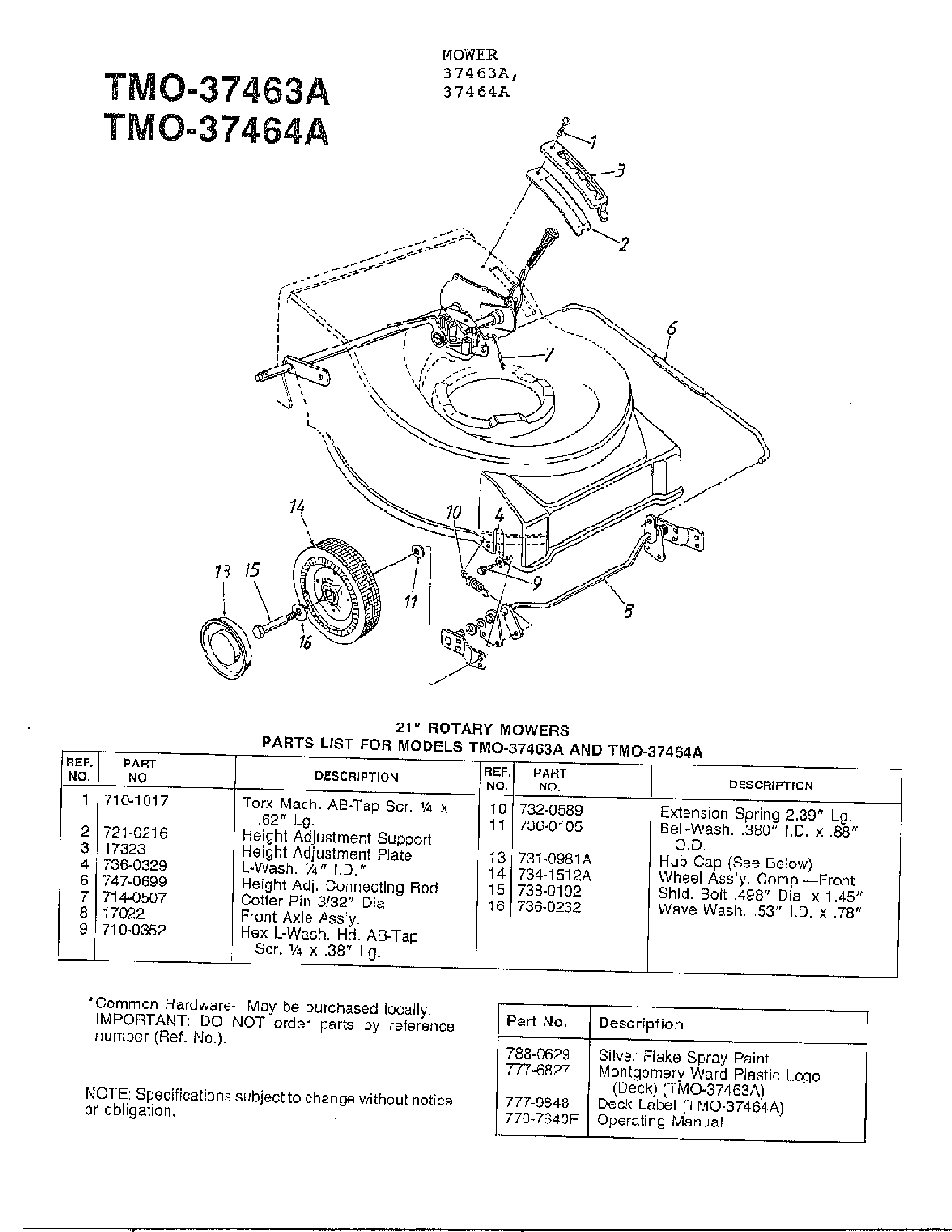 21" rotary mowers page 3 Diagram and Parts List for 37464A  MTD Lawn Mower