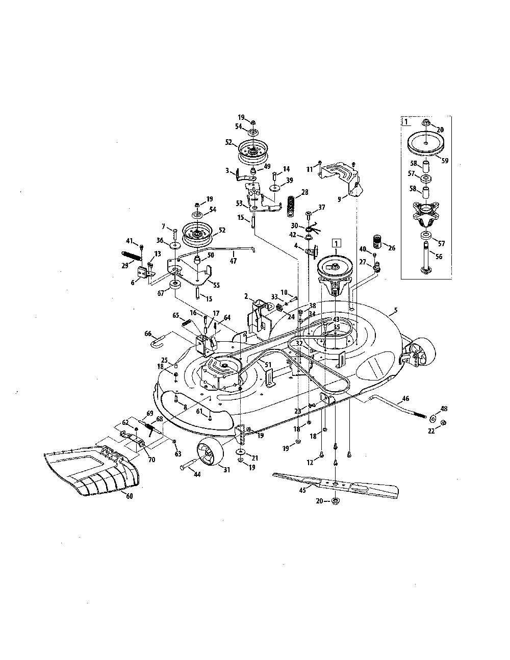 Deck/spindle pulley Diagram and Parts List for 13BL78XT099  MTD Lawn Tractor