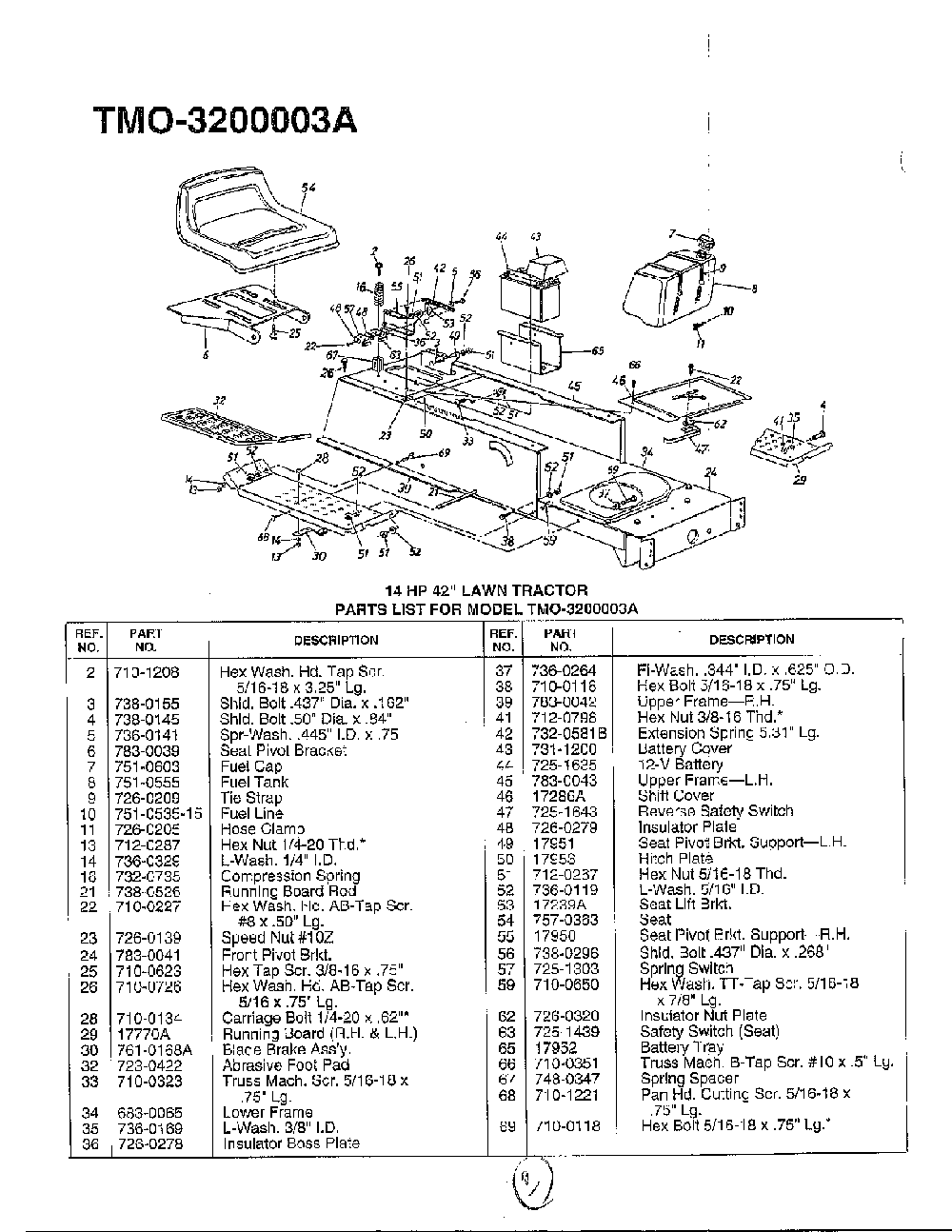42" lawn tractor Diagram and Parts List for 3200003A  MTD Lawn Tractor