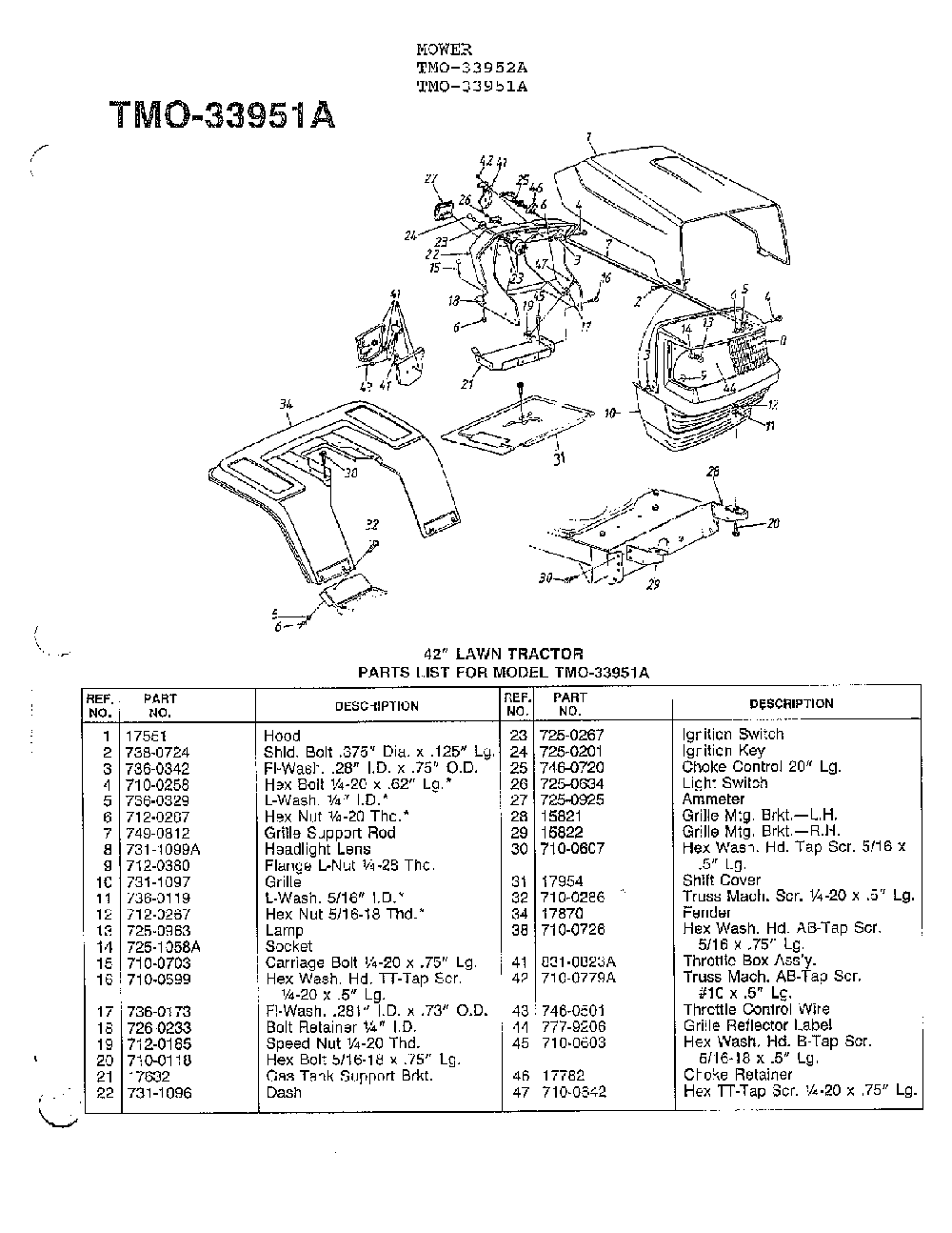 42" lawn tractor Diagram and Parts List for 33951A  MTD Lawn Mower