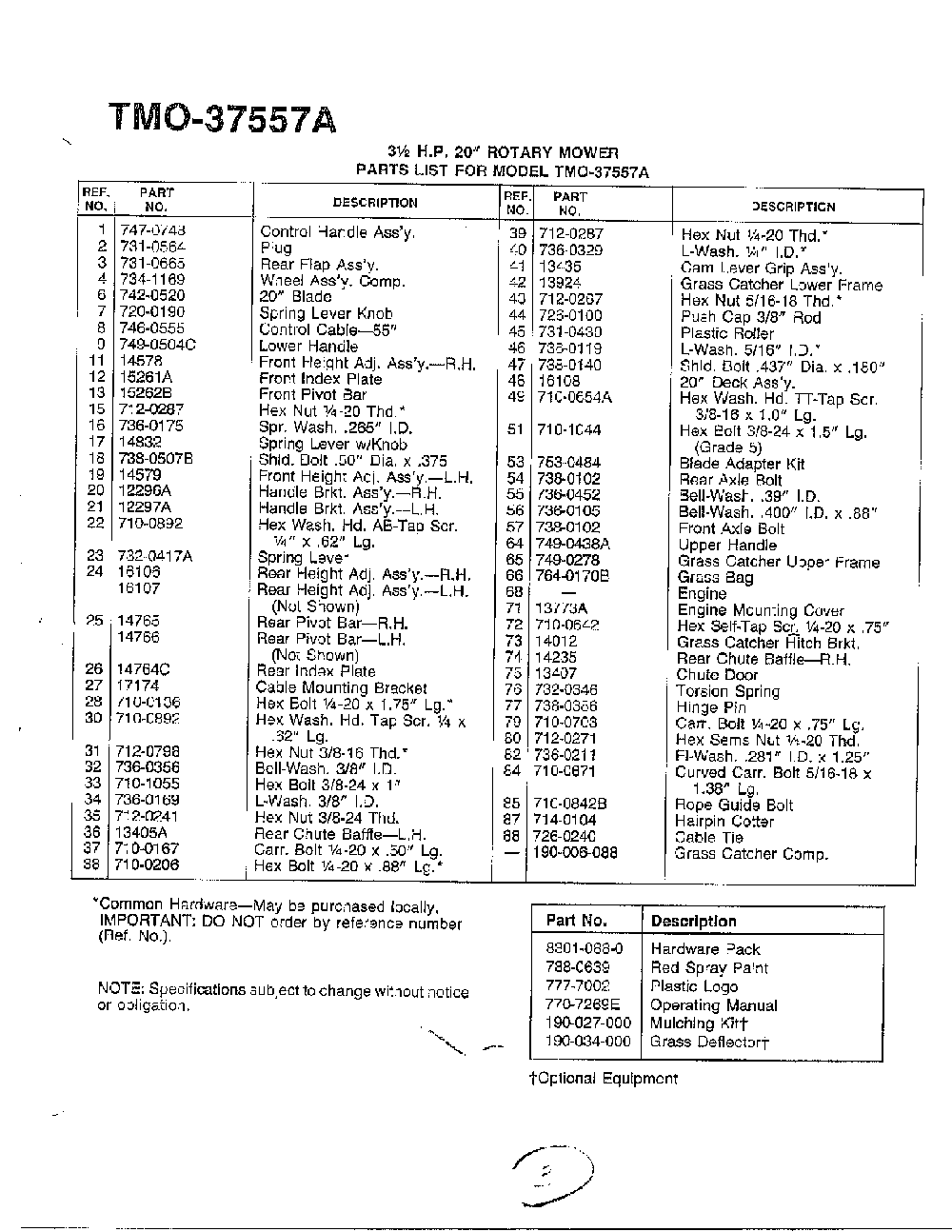3.5" 20" rotary mower page 2 Diagram and Parts List for 37557A  MTD Lawn Mower