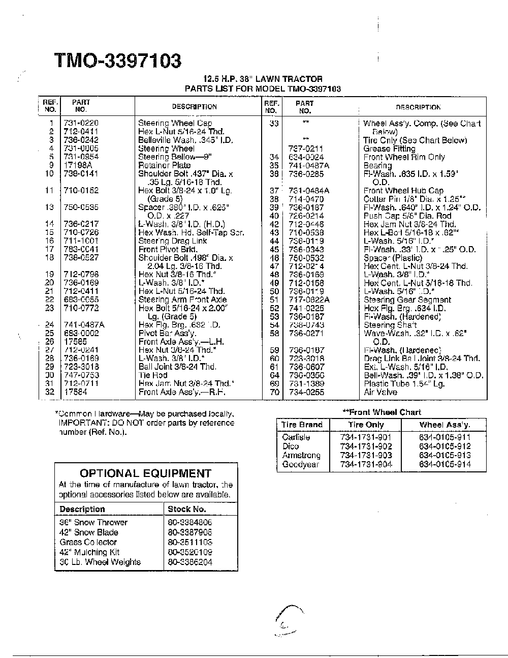 38" lawn tractor/wheel chart page 2 Diagram and Parts List for 3397103  MTD Lawn Tractor