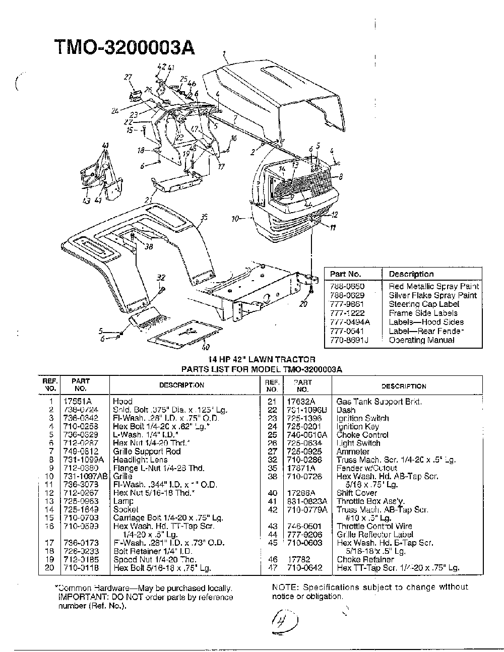42" lawn tractor page 2 Diagram and Parts List for 3200003A  MTD Lawn Tractor