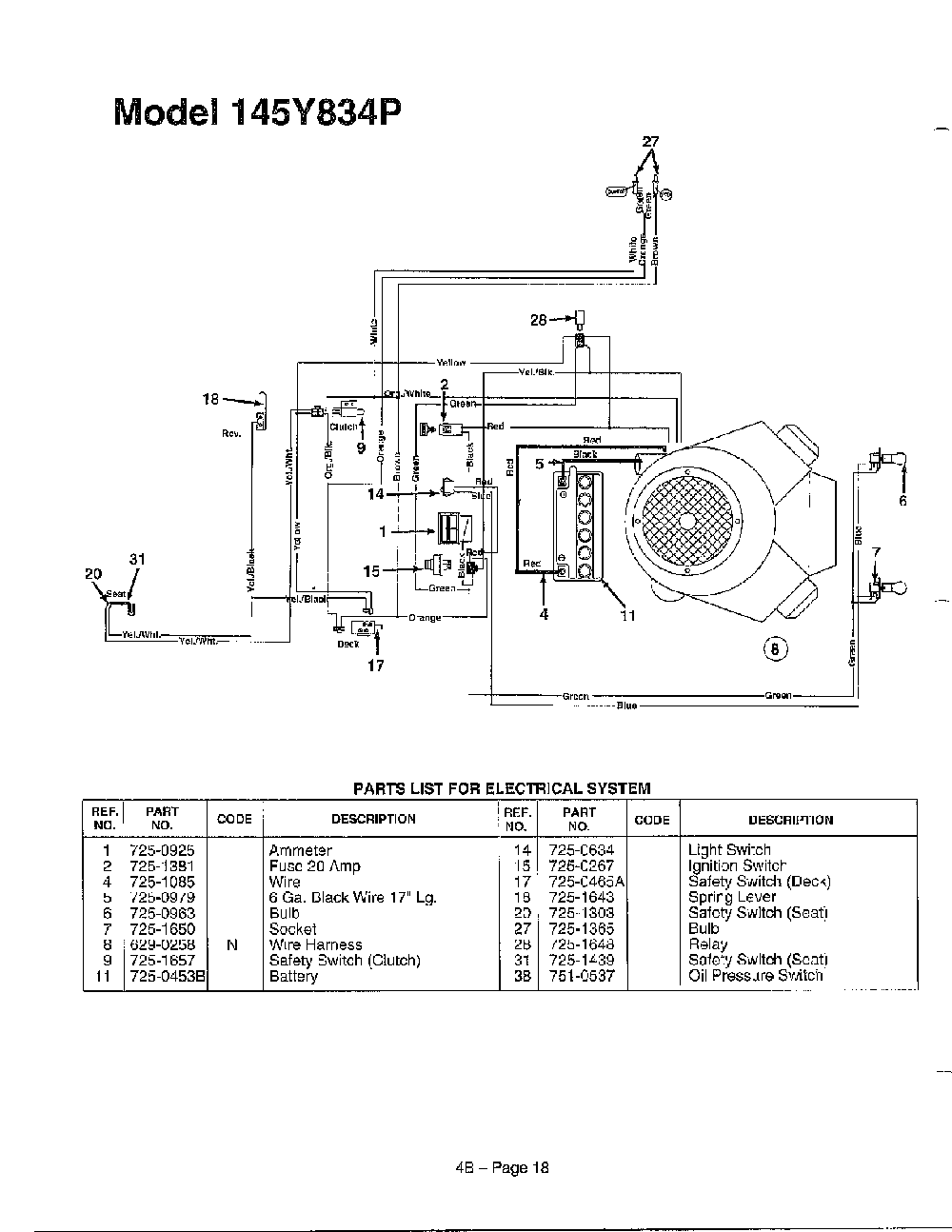 Electrical system page 3 Diagram and Parts List for 145W834P401  MTD Lawn Tractor