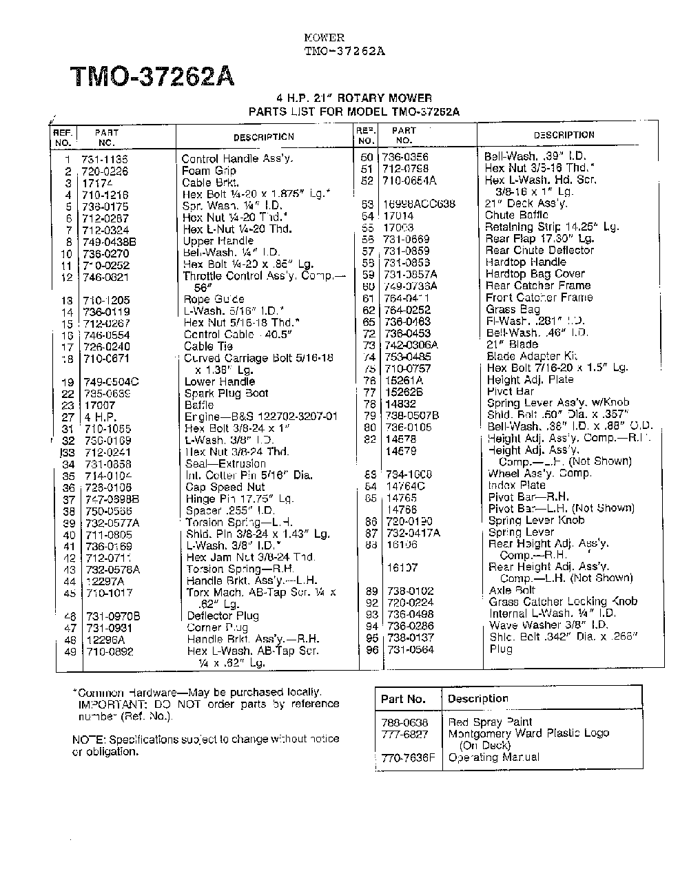 4hp 21" rotary mower page 2 Diagram and Parts List for 37262A  MTD Lawn Mower
