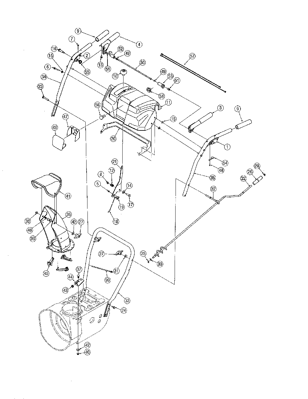 Handles/chute Diagram and Parts List for 31AE6FHG705  MTD Snow Blower