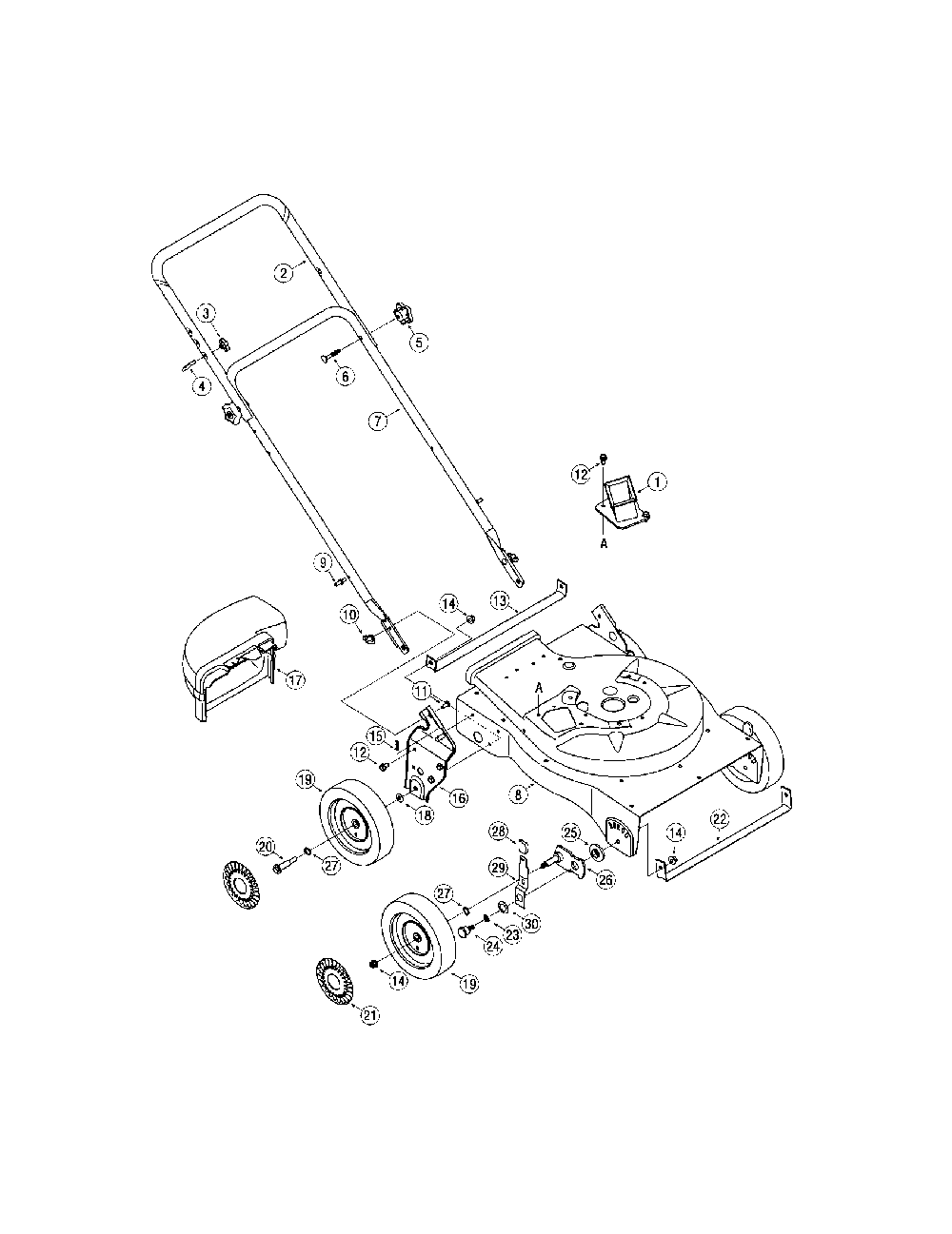 Housing/handles/wheels Diagram and Parts List for 24A030E099  MTD Leaf Blower / Vacuum