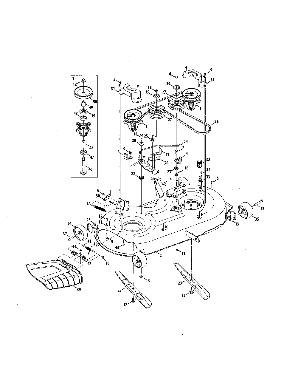 Deck/spindle pulley Diagram and Parts List for 13AJA1ZS099  MTD Lawn Tractor