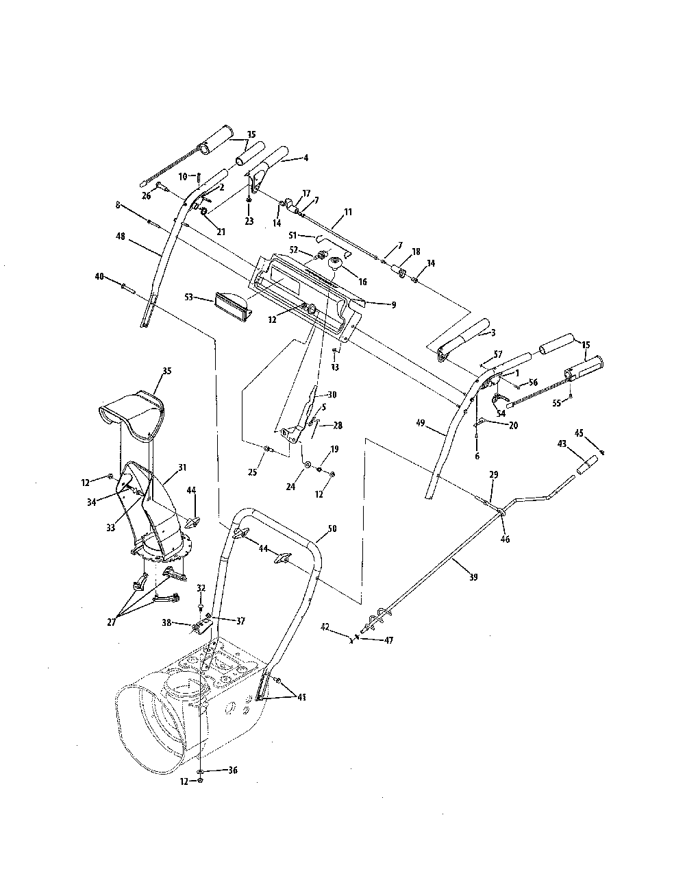 E/f-style handle/frame/discharge chute Diagram and Parts List for 31BS6FEG731  MTD Snow Blower