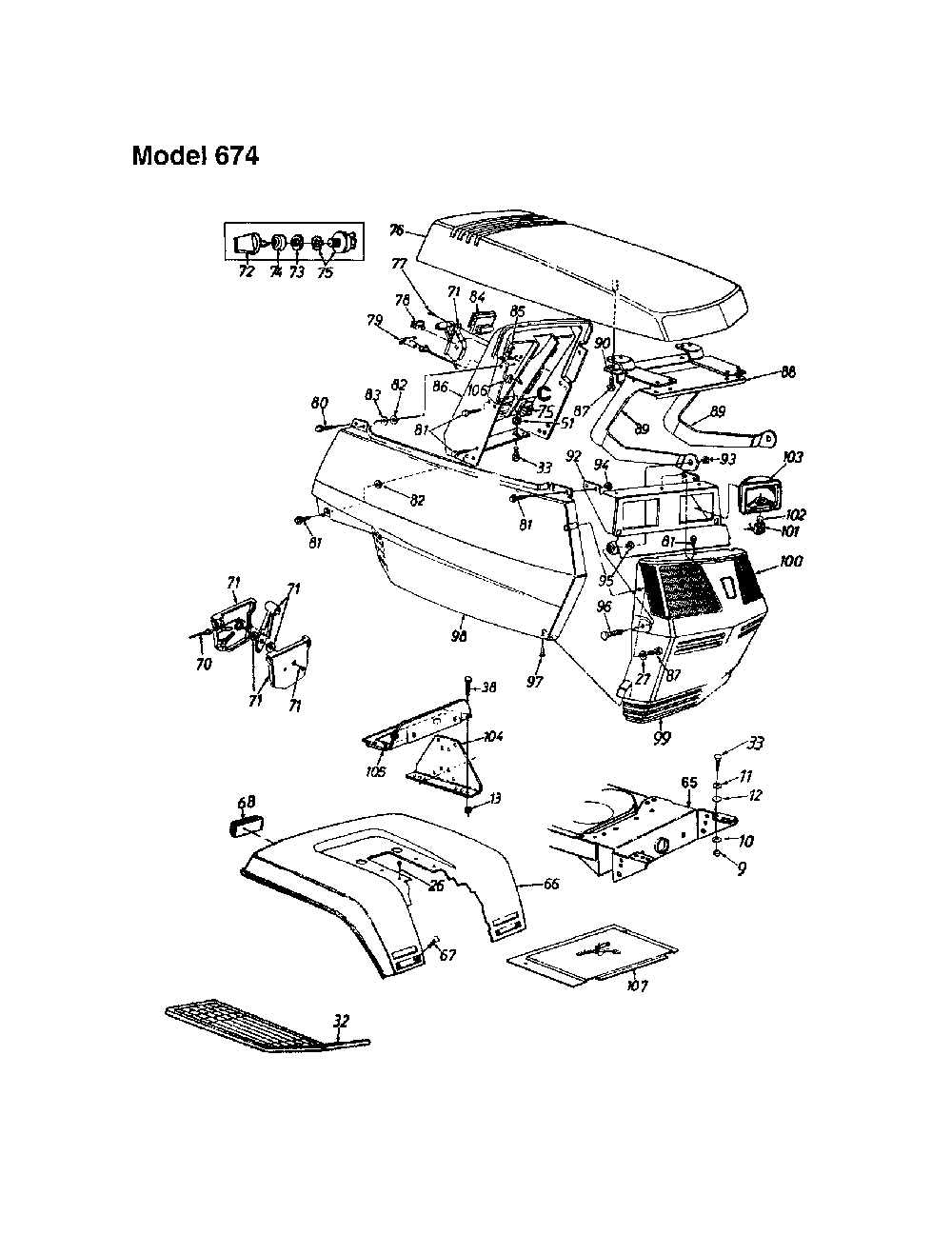 Hood - model 674 Diagram and Parts List for 13AQ675G062  MTD Lawn Tractor