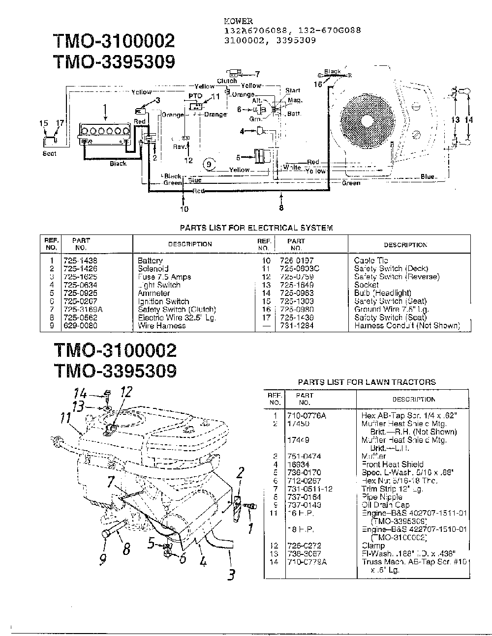 Electrical Diagram and Parts List for 3395705  MTD Lawn Tractor