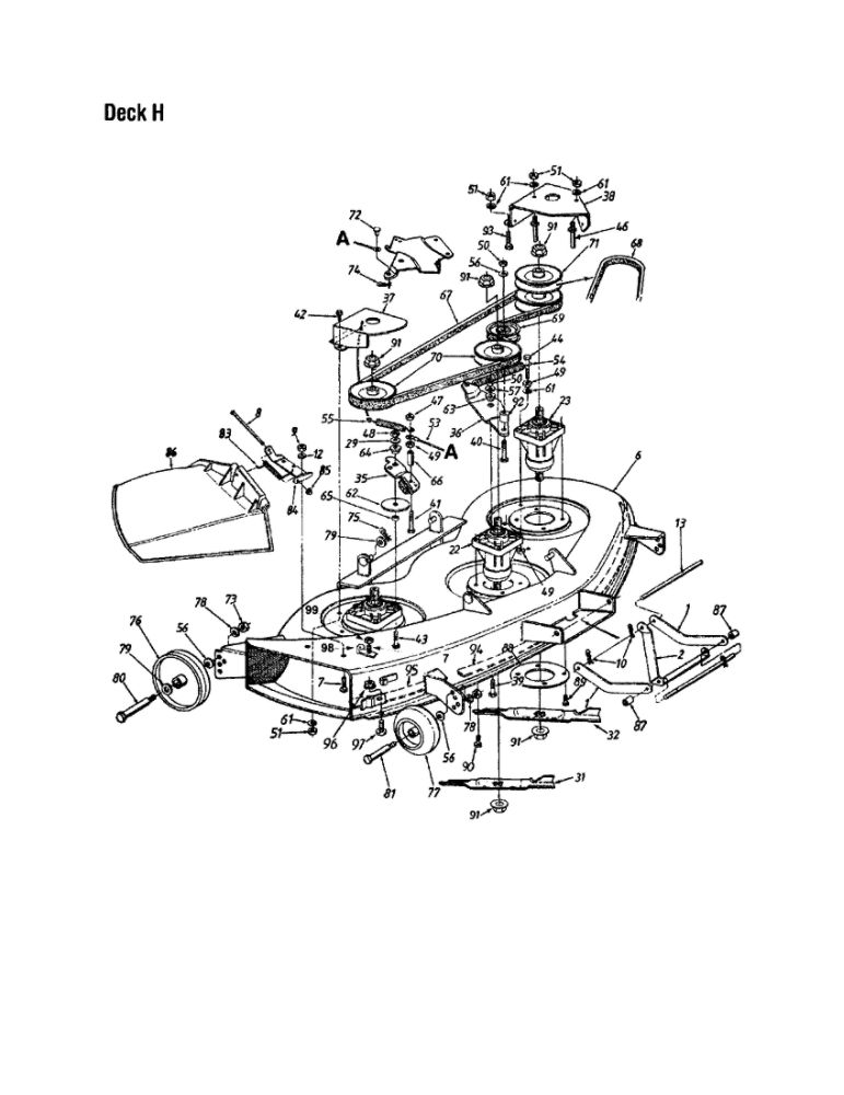 Deck H Assembly Diagram and Parts List for 820 THRU 829 MTD Lawn Tractor