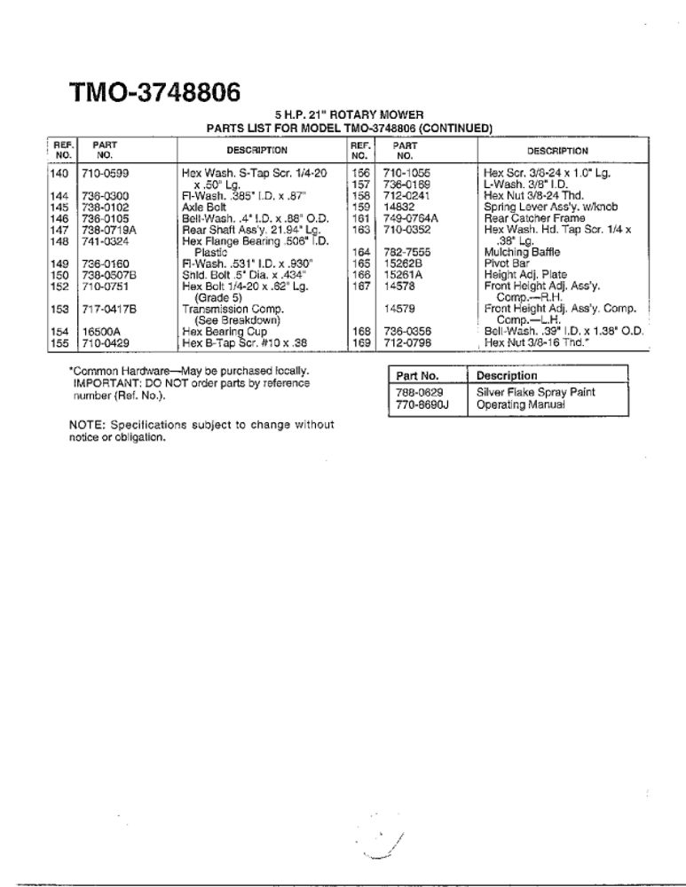 5hp/21-Inch Rotary Mower 3 Diagram and Parts List for 3748806  MTD Lawn Tractor
