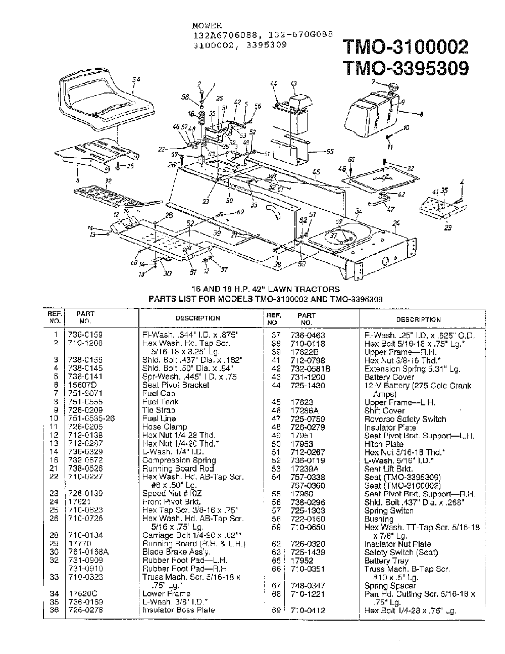 16/18hp 42" lawn tractors Diagram and Parts List for 3395705  MTD Lawn Tractor