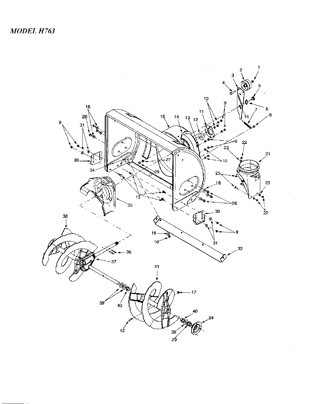 28" spiral/28" housing Diagram and Parts List for H763  MTD Snow Blower