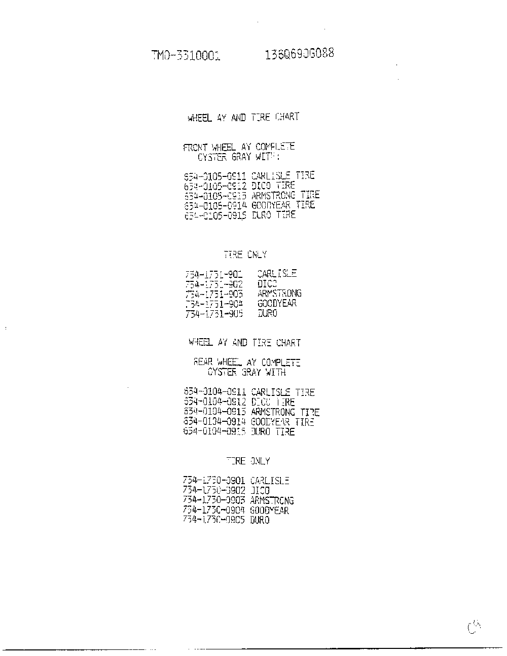 Wheel and tire chart Diagram and Parts List for 3310001  MTD Lawn Tractor