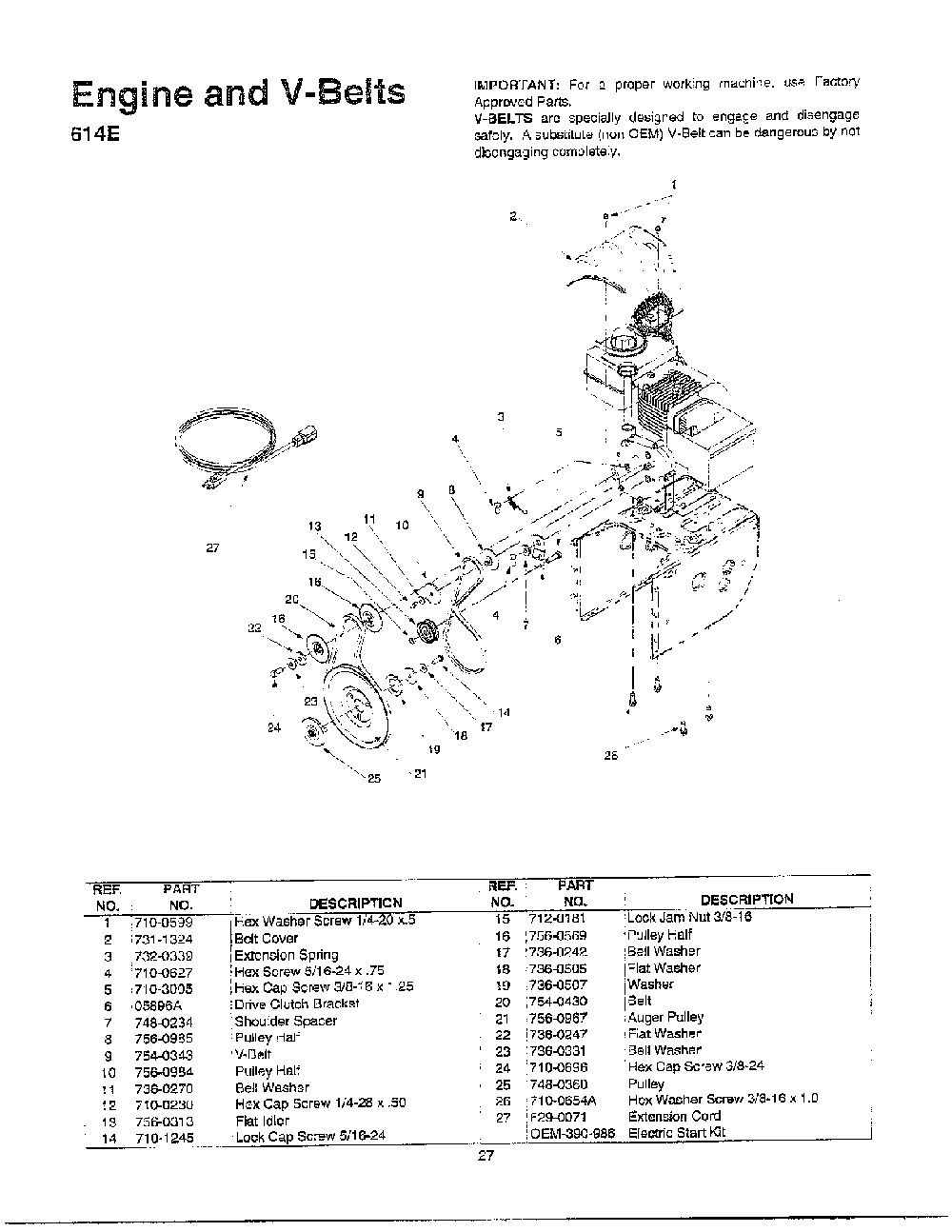 Engine/v-belts Diagram and Parts List for 614E  MTD Snow Blower