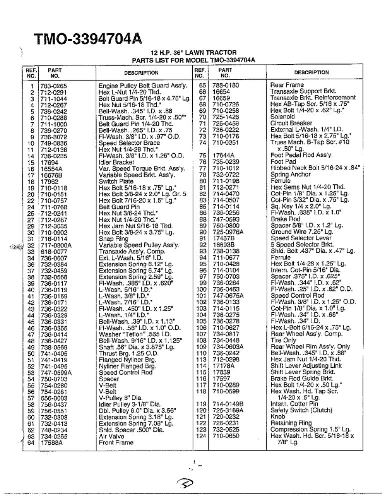 12hp 36-Inch Lawn Tractors 2 Diagram and Parts List for 3394704A  MTD Lawn Tractor