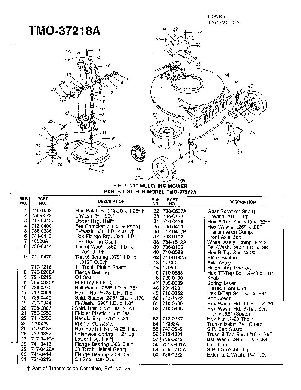 5 hp 21" mulching mower Diagram and Parts List for 37218A  MTD Lawn Mower