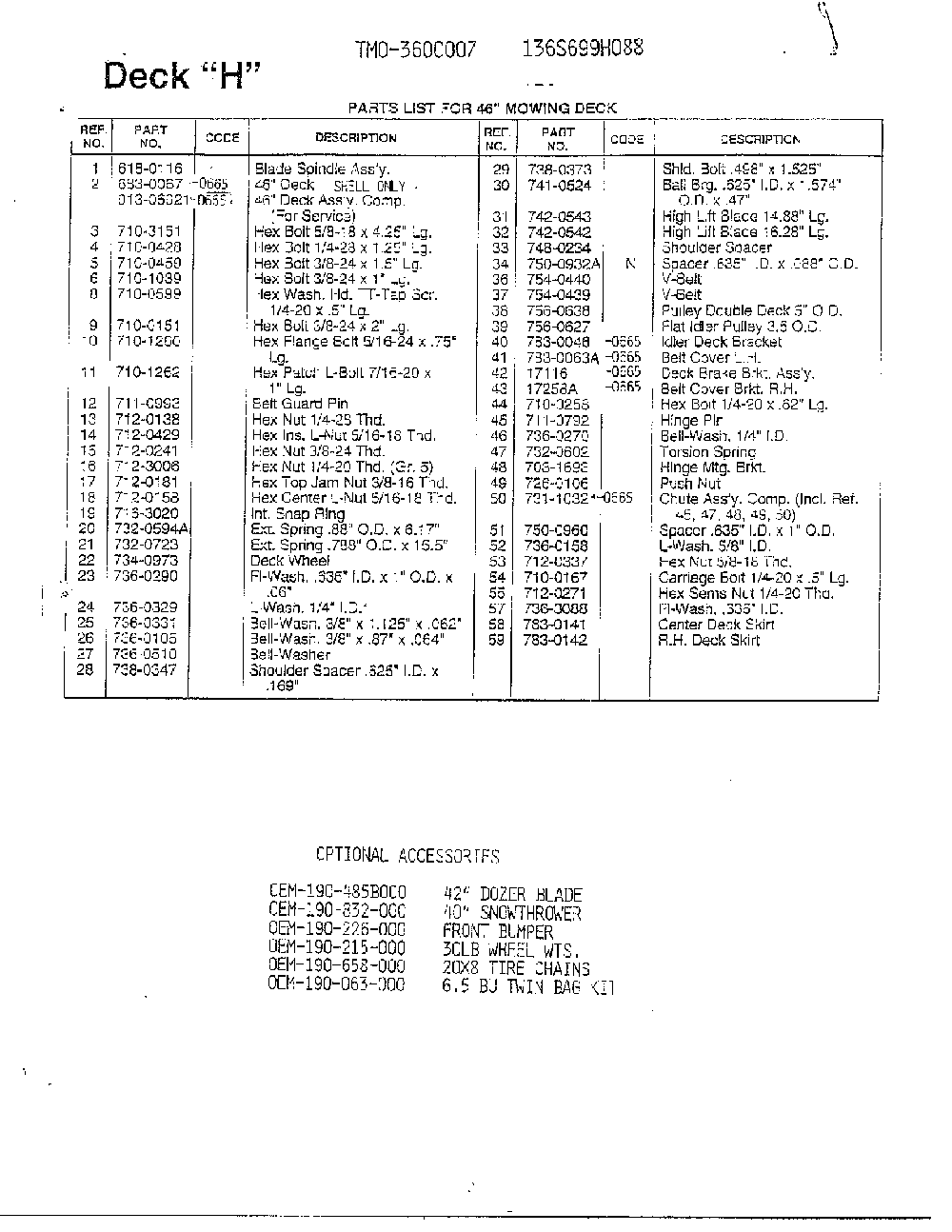 Deck "h" page 2 Diagram and Parts List for 3600007  MTD Lawn Tractor