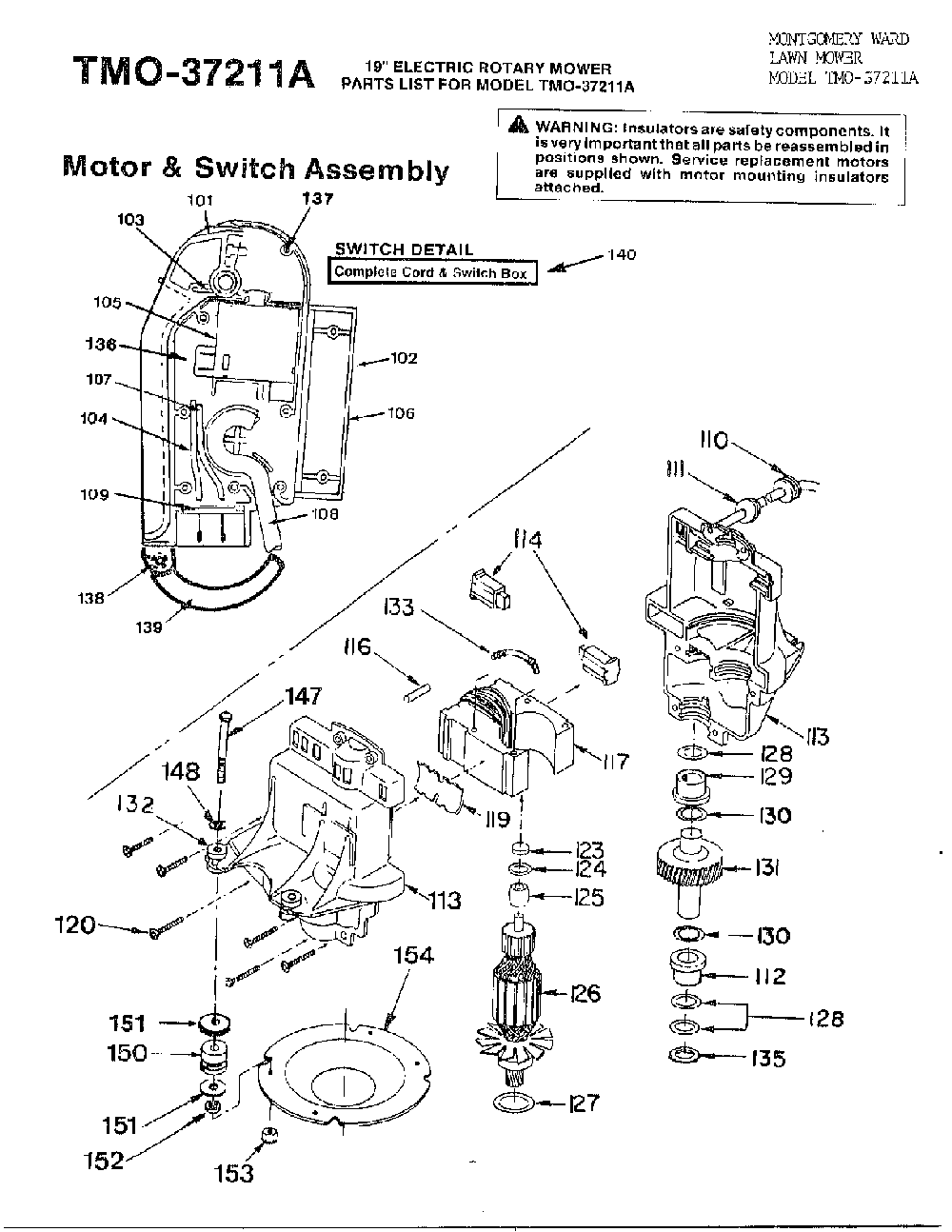 19" electrical mower-motor/switch Diagram and Parts List for 37211A  MTD Lawn Mower