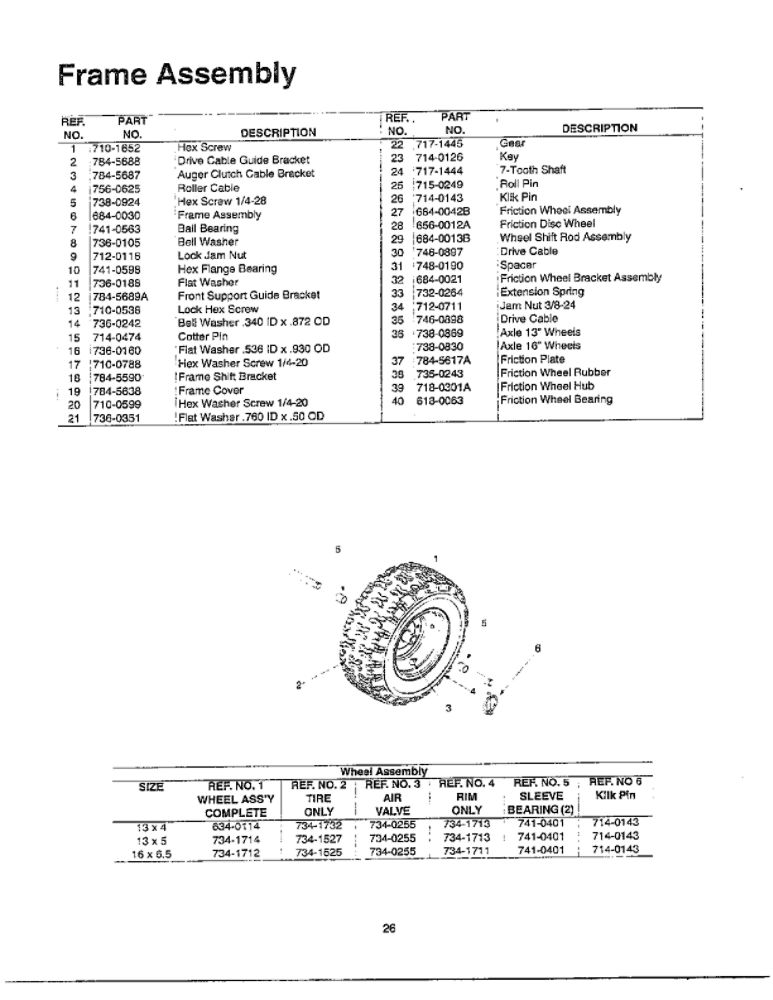 Frame/Wheel Assembly Chart 2 Diagram and Parts List for E664F  MTD Snow Blower
