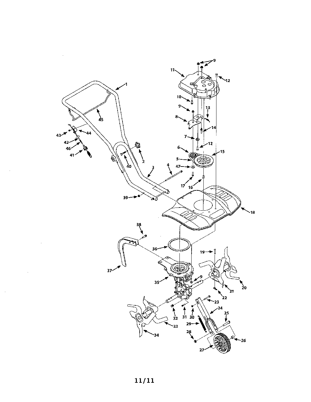 Rear tine tiller Diagram and Parts List for 21A-250M000  MTD Tiller