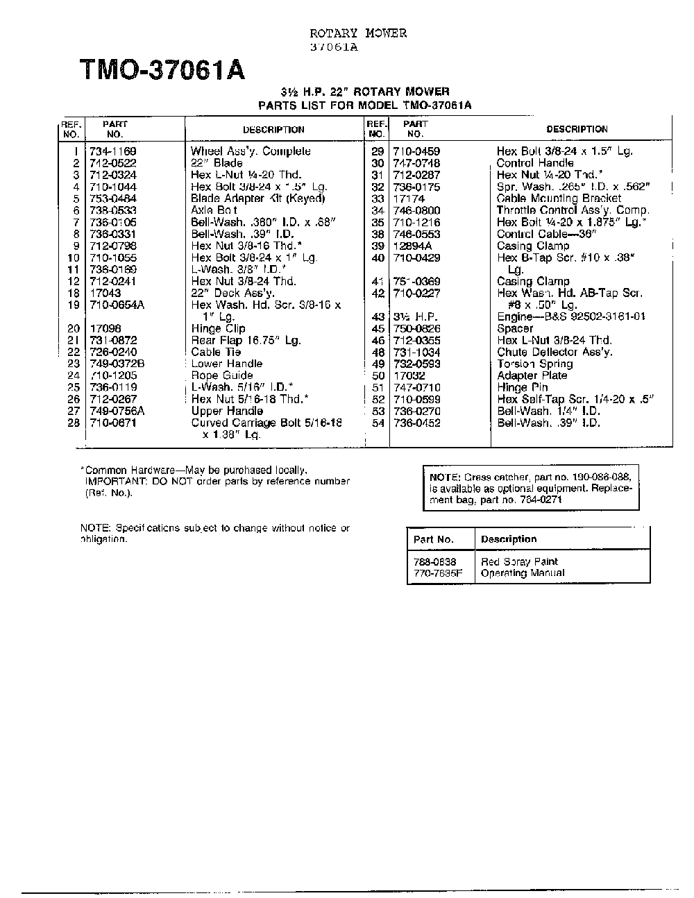 3.5hp 22" rotary mower page 2 Diagram and Parts List for 37061A  MTD Lawn Mower