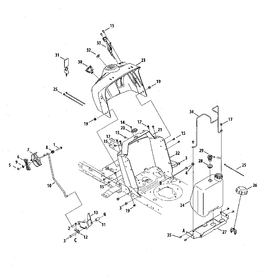 Upper dash panel/fuel tank Diagram and Parts List for 13A878XT299  MTD Lawn Tractor