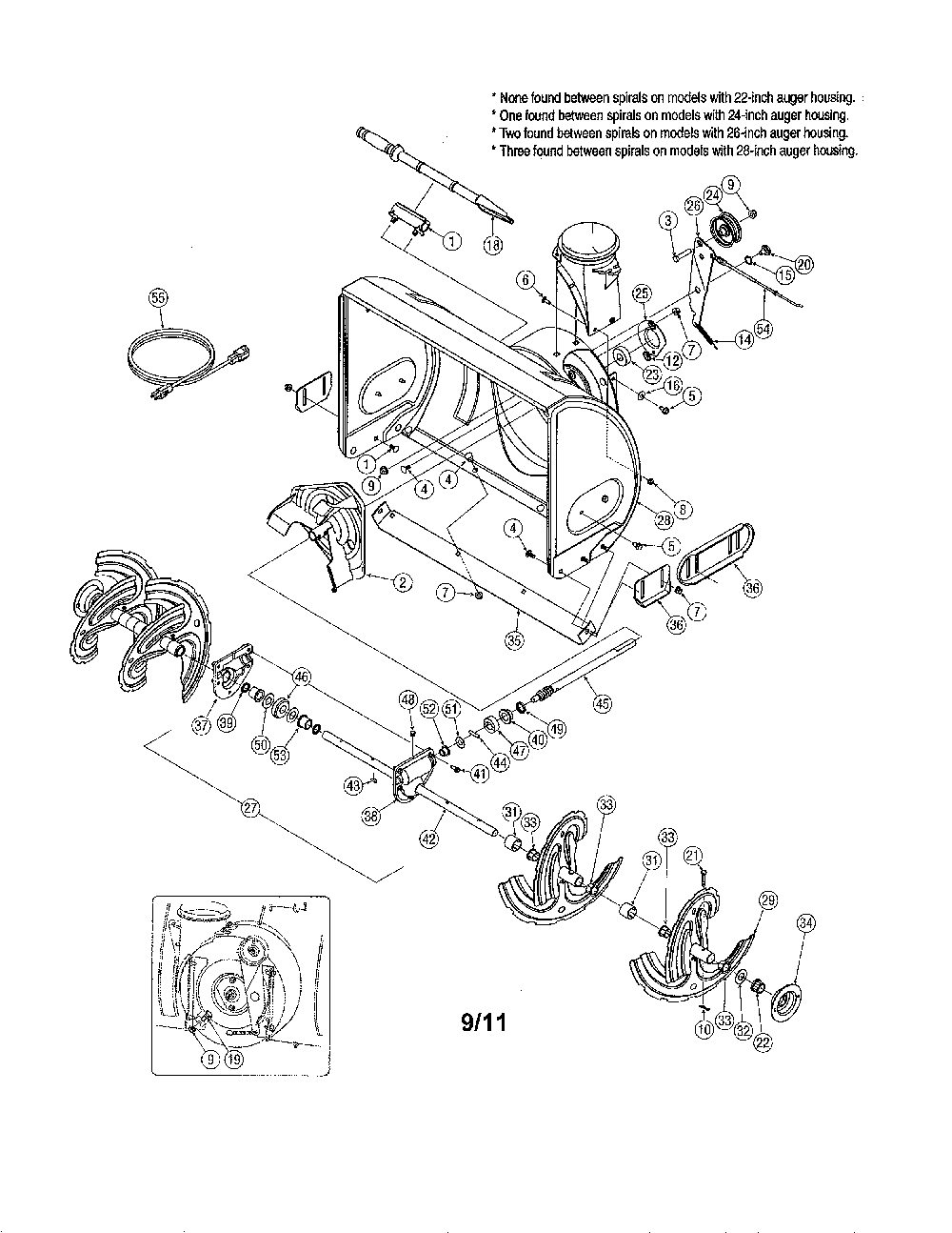 Auger & housing Diagram and Parts List for 31AE6FHG705  MTD Snow Blower