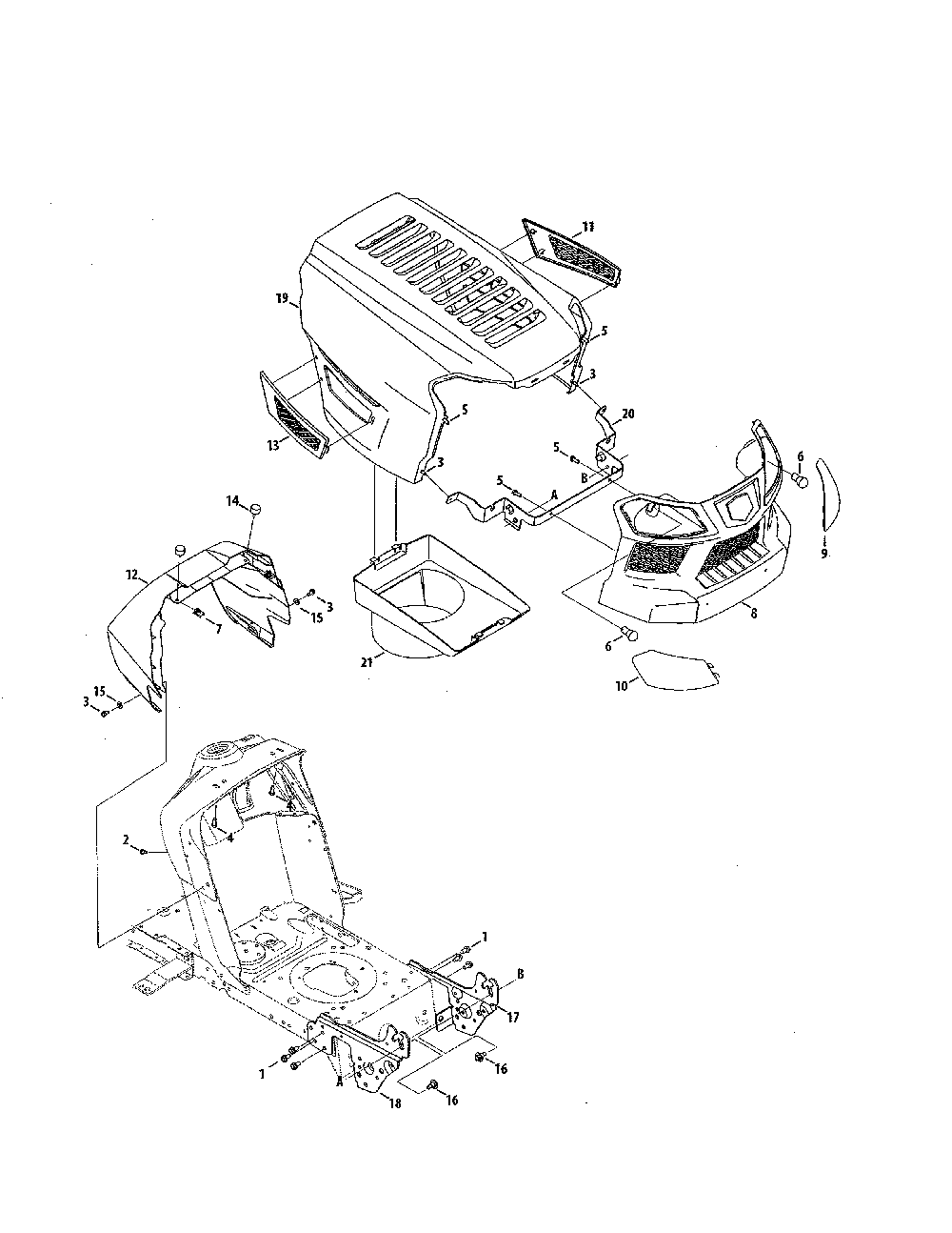 Hood/grill/plenum Diagram and Parts List for 13AL77XT099  MTD Lawn Tractor