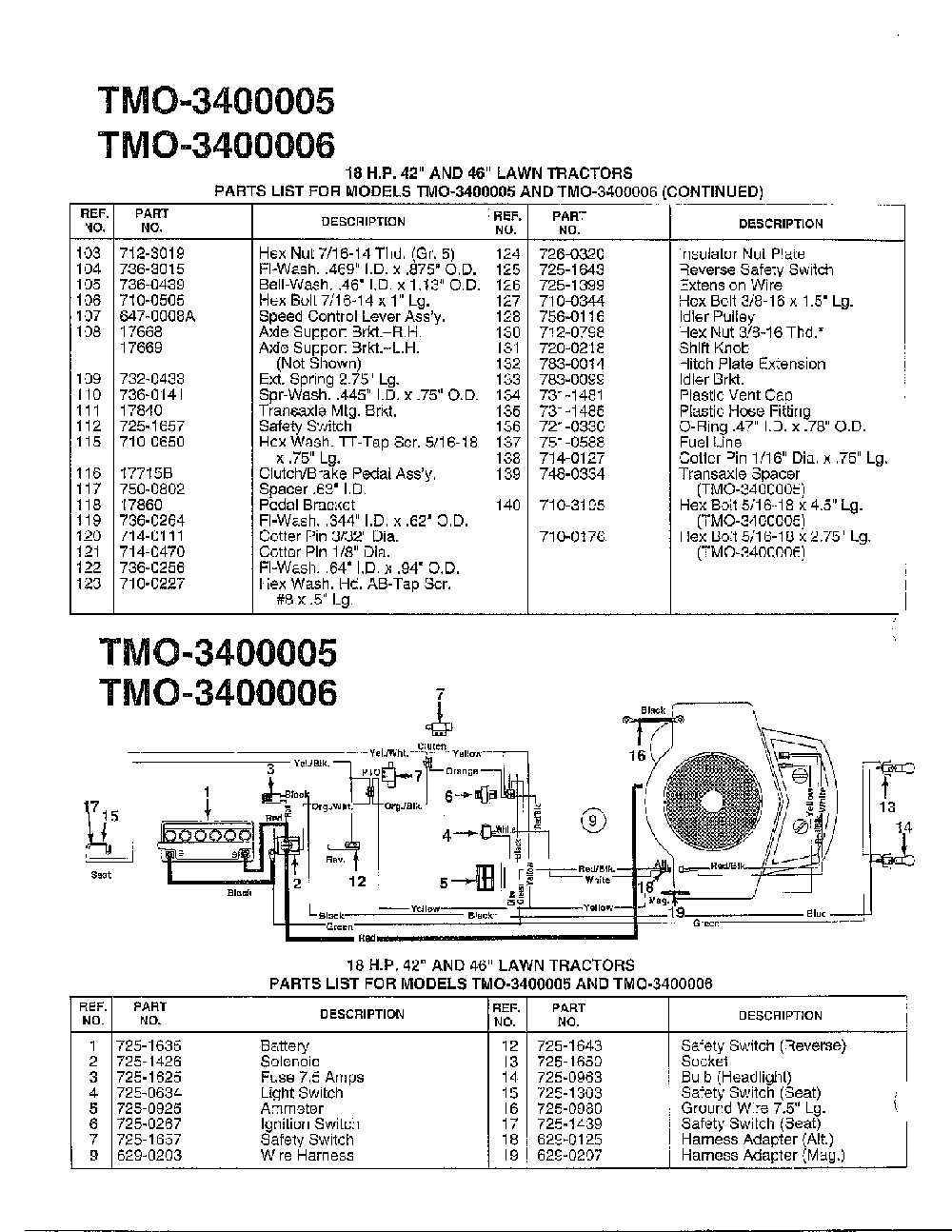 18hp 42"/46" electrical Diagram and Parts List for 3400005  MTD Lawn Tractor
