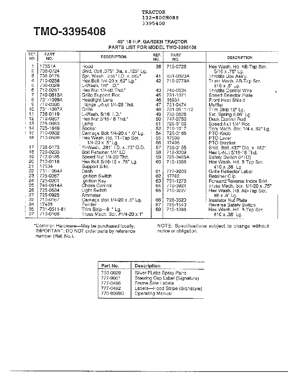 46" 18hp garden tractor page 3 Diagram and Parts List for 3395408  MTD Lawn Tractor