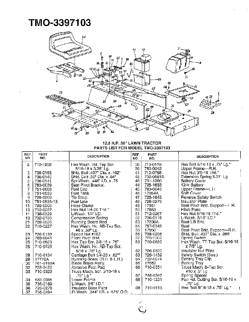 38" lawn tractor Diagram and Parts List for 3397103  MTD Lawn Tractor