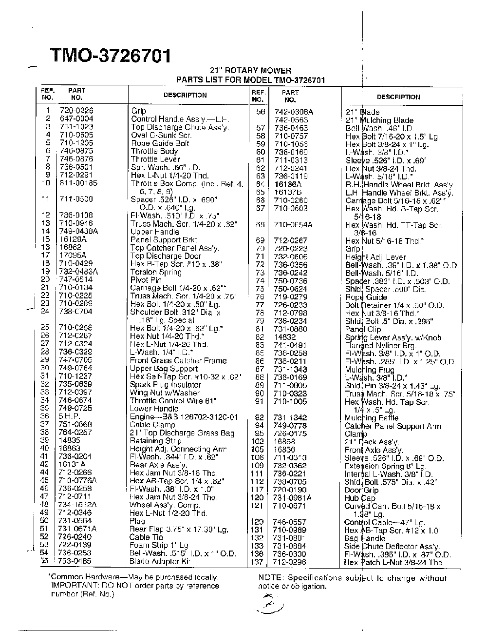 21" rotary mower page 2 Diagram and Parts List for 3726701  MTD Lawn Mower