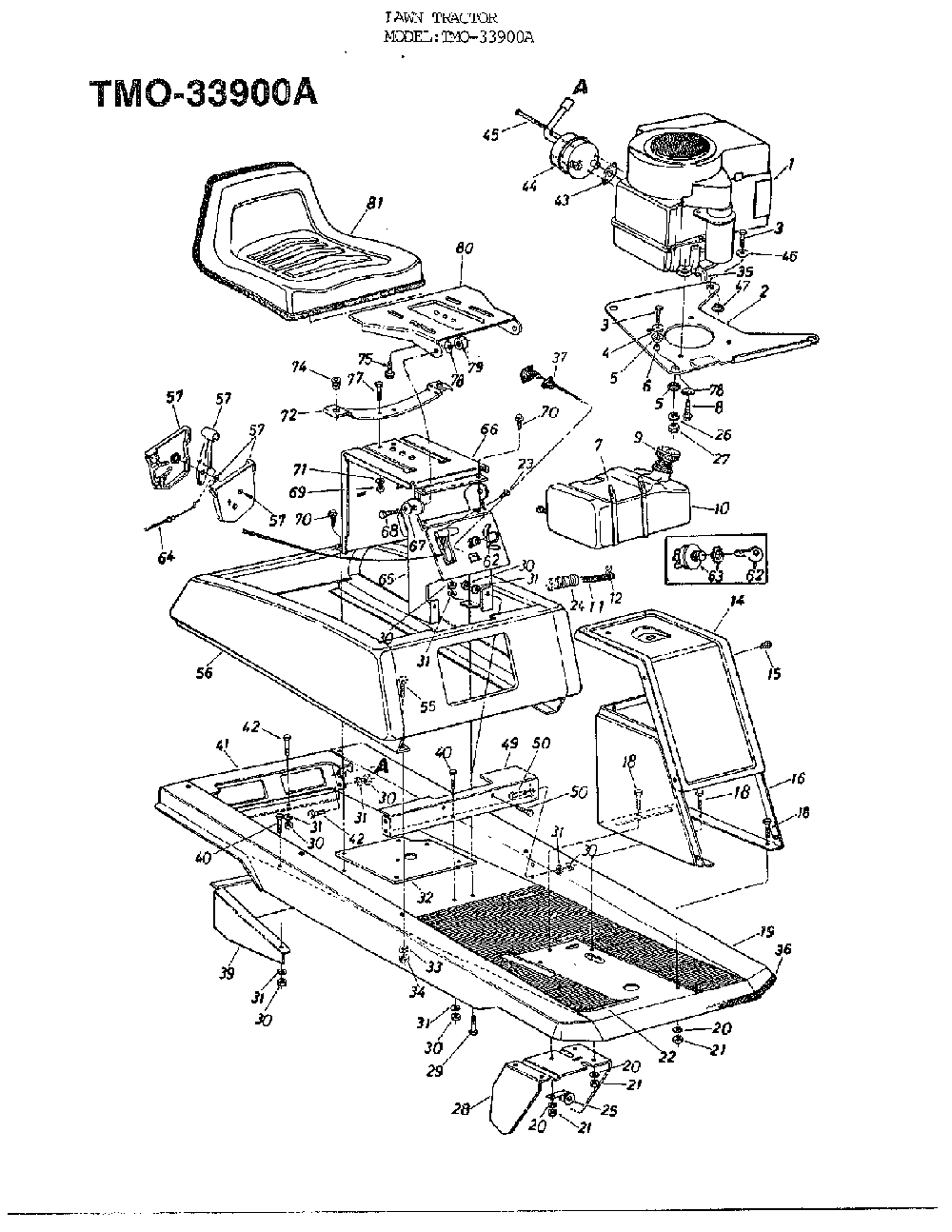 Seat, case and engine Diagram and Parts List for 33900A  MTD Lawn Tractor
