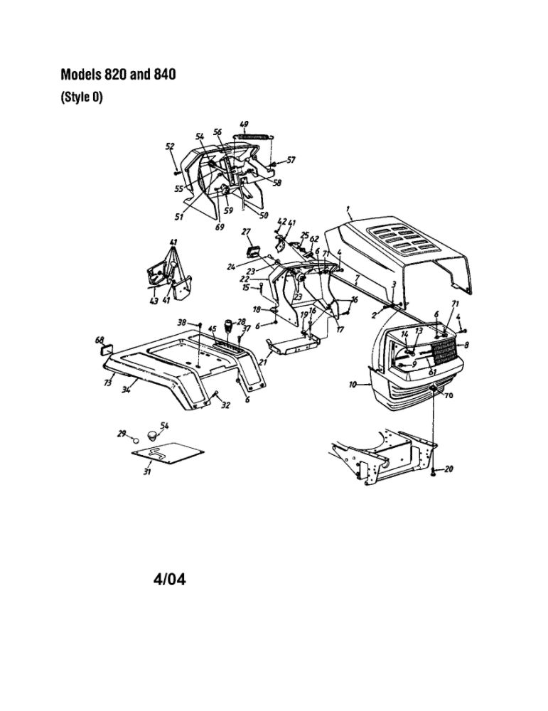 Grille/Hood Diagram and Parts List for 820 THRU 829 MTD Lawn Tractor