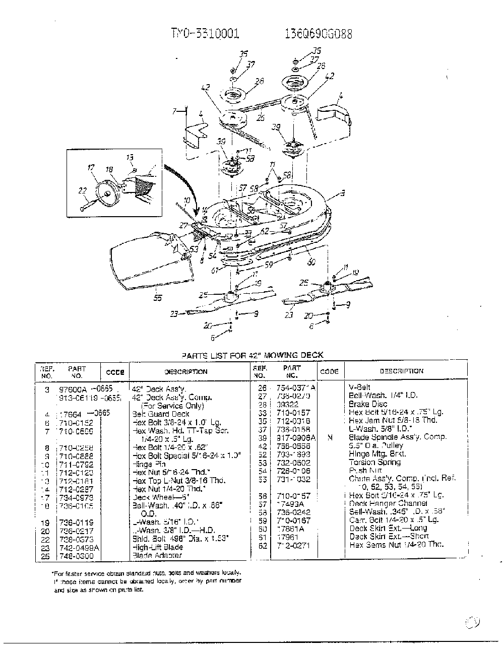 42" mowing deck Diagram and Parts List for 3310001  MTD Lawn Tractor