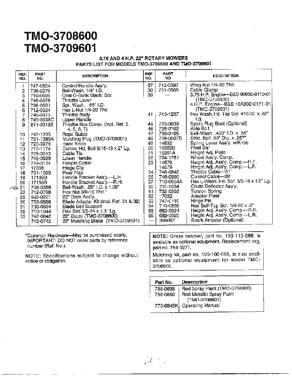 22" rotary mower Diagram and Parts List for 3708600  MTD Lawn Mower