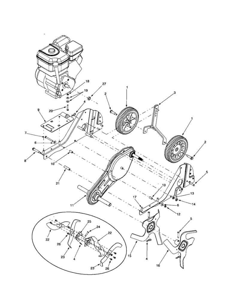 Chain Case/Wheel Bracket Diagram and Parts List for 330  MTD Tiller