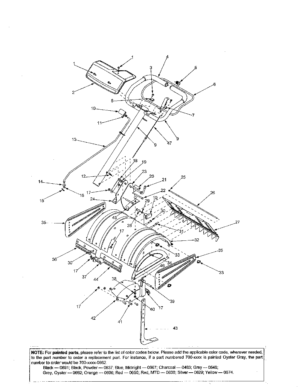 Shield & handle Diagram and Parts List for 21AA413B700  MTD Tiller