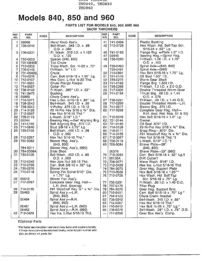Snow Thrower 4 Diagram and Parts List for 850  MTD Snow Blower