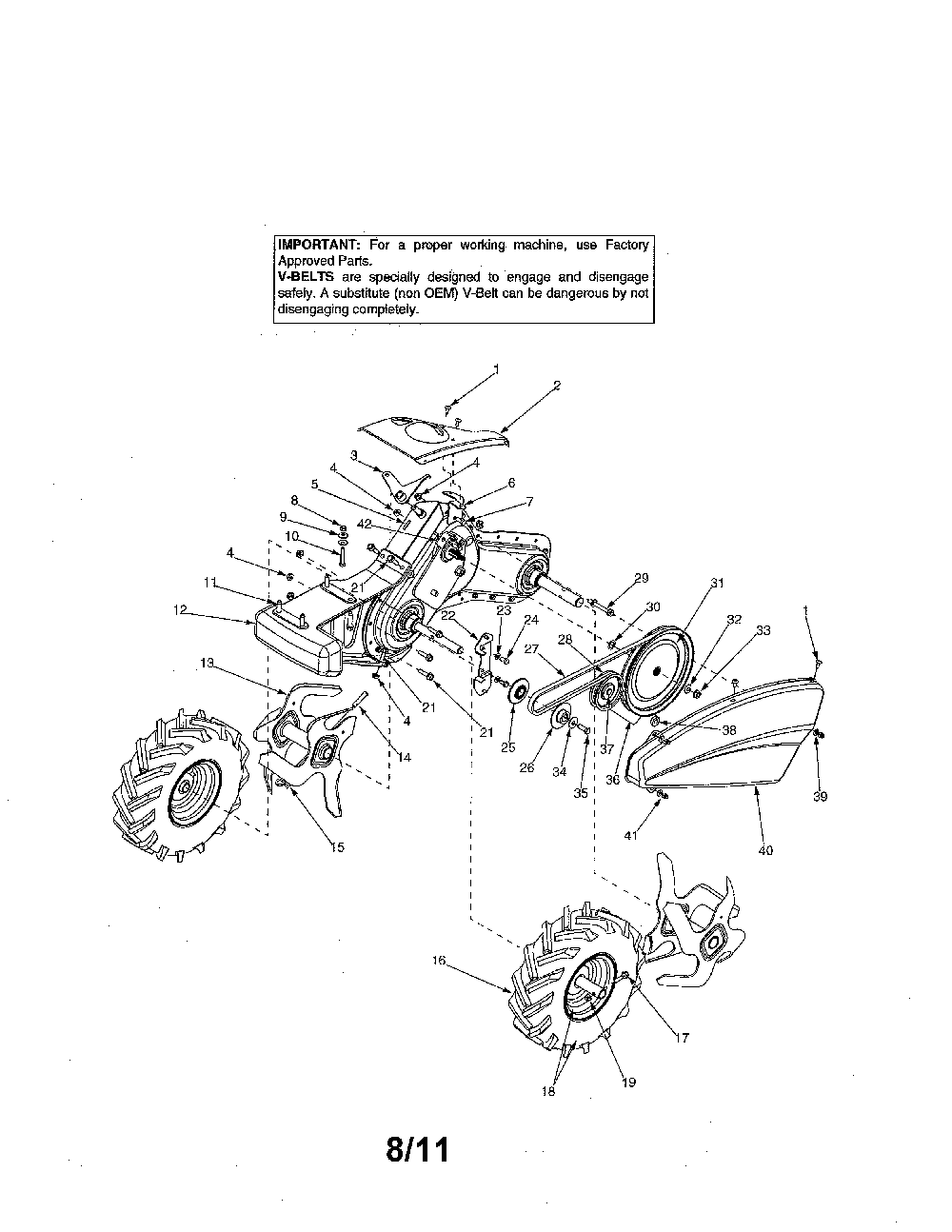 Wheels/tine Diagram and Parts List for 21AA413H700  MTD Tiller